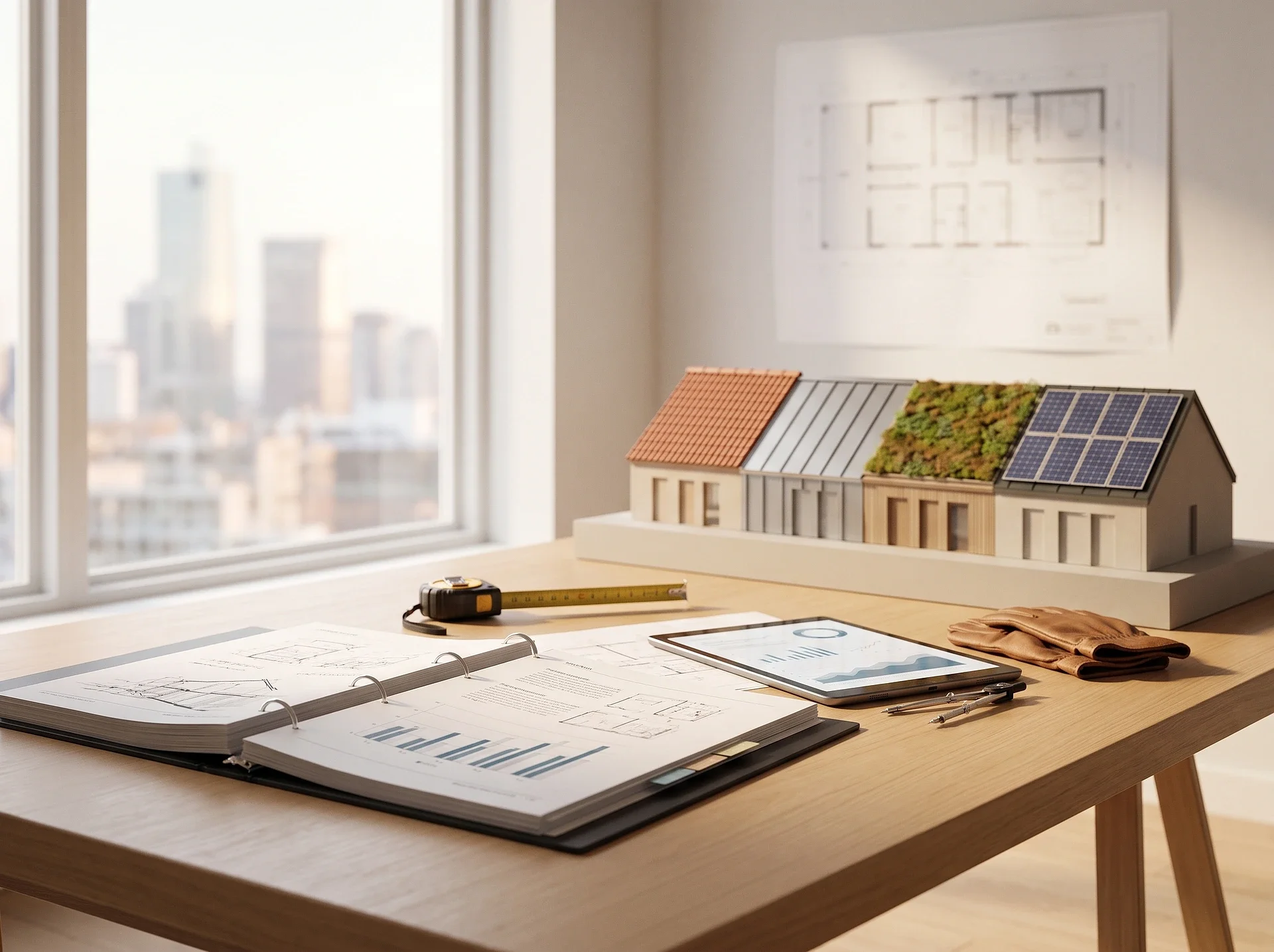 Arkitektbord med husmodell, ritningar, surfplatta och måttband.
